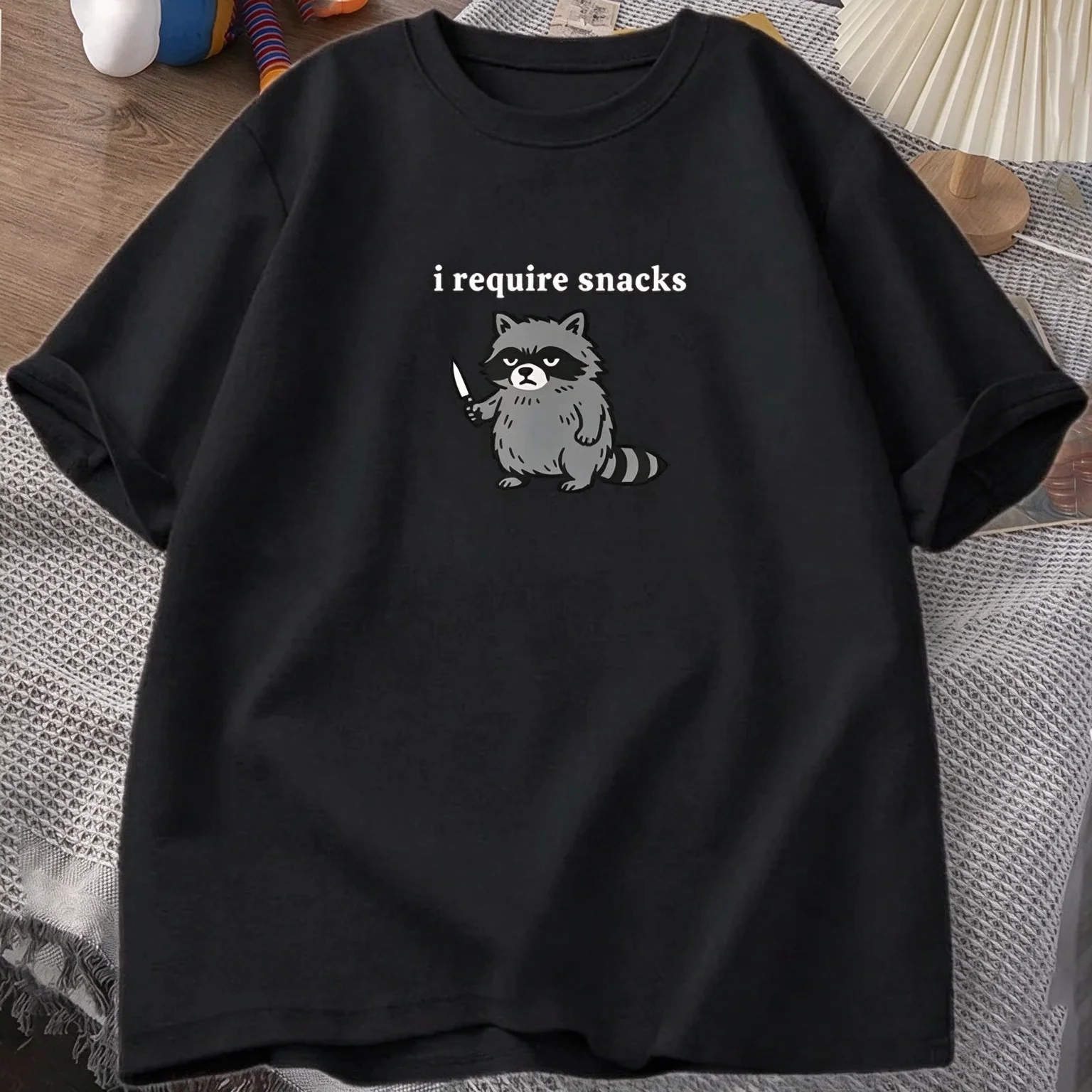 I Require Snacks T Shirt Funny Raccoon Men Women T-Shirt Cute Animal Lover Tee Casual Graphic Tshirt Cotton Breathable Tshirt