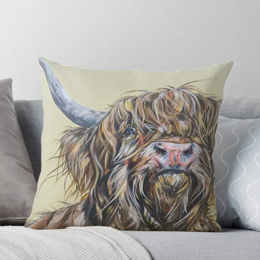 

Wally McWindy. Highland hairy cow, Heilan Scottish funny coo art by award-winning UK artist Sam Fenner Throw Pillow