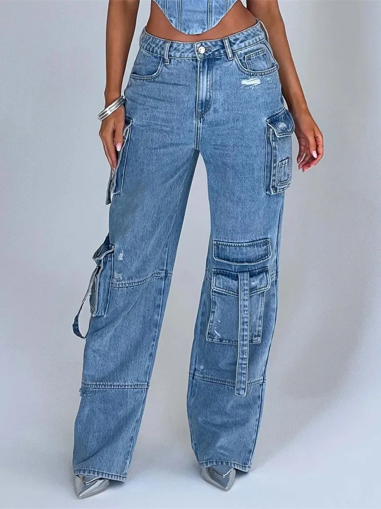 Women's Denim Cargo Jeans Pockets Streetwear High Waist Casual Denim Wide Leg Denim Pants 2024 Y2K Trousers Vintage Jeans Pant