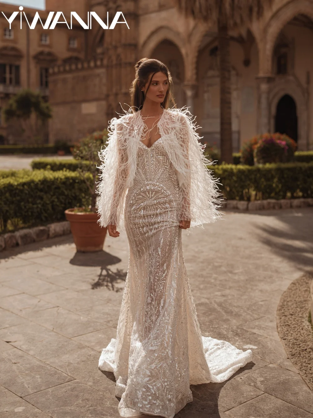 Embroidery Beaded Mermaid Wedding Dress Feathered Cape Sweetheart Neck Bridal Gown Customized Dreamy Illusion Dresses For Bride