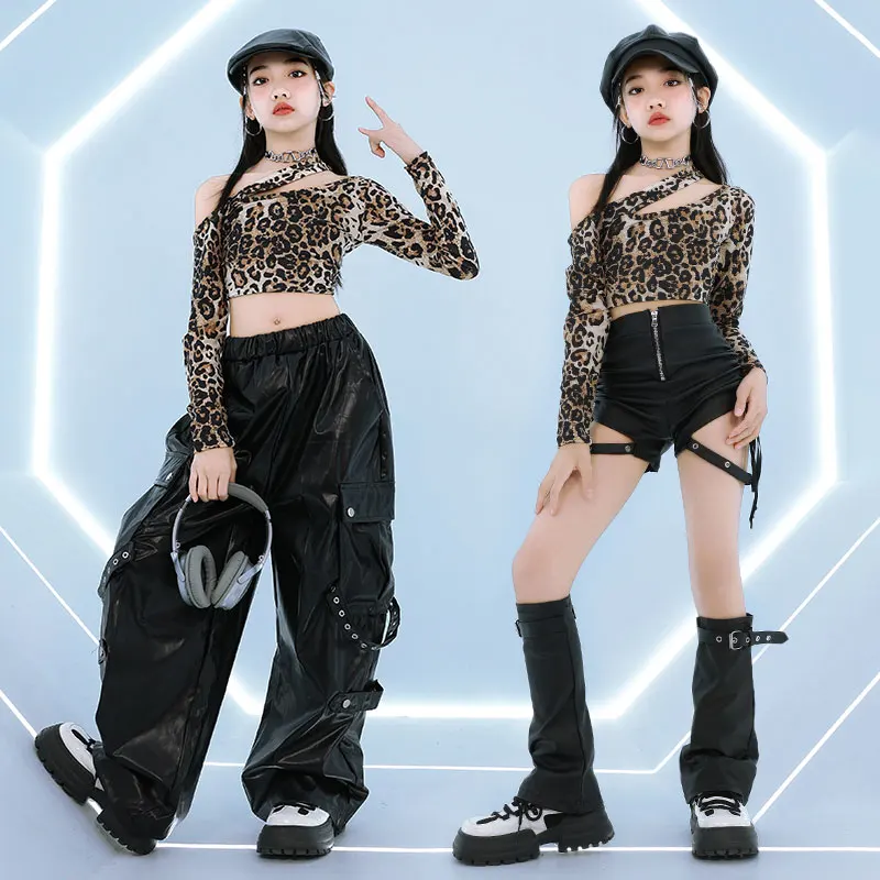 Ropa de baile de salón para niños, camiseta de leopardo para niñas, traje de baile con parte inferior de cuero, uniforme de Hip Hop a la moda