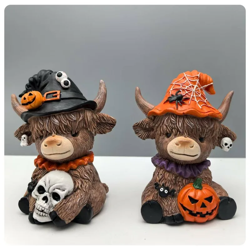 Novo halloween aranha abóbora highland vaca estátua decoração de escritório em casa ornamentos mesa esculturas brinquedos e hobbies
