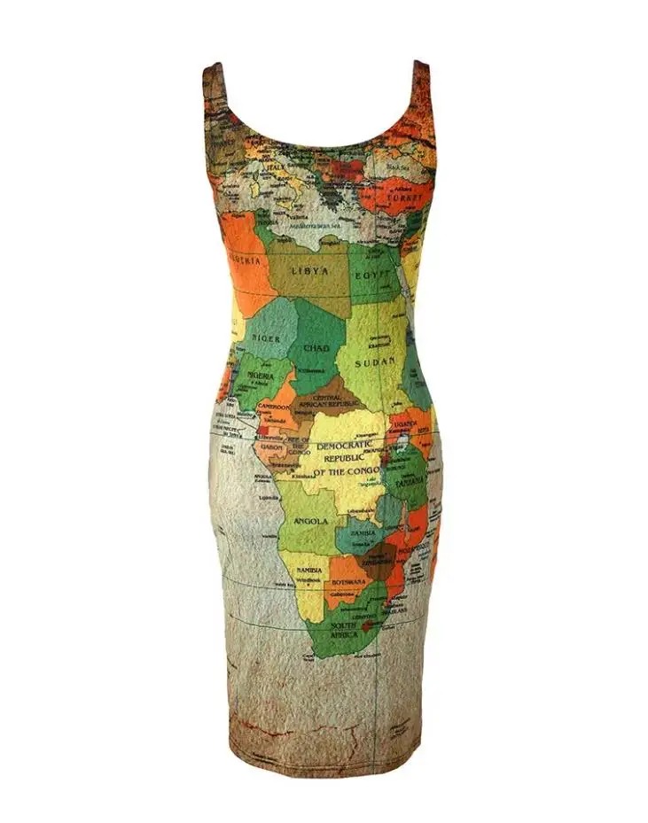 Summer Dresses for Women 2022 Map Print Sexy Sleeveless U-Neck Bodycon Mini Daily Dress