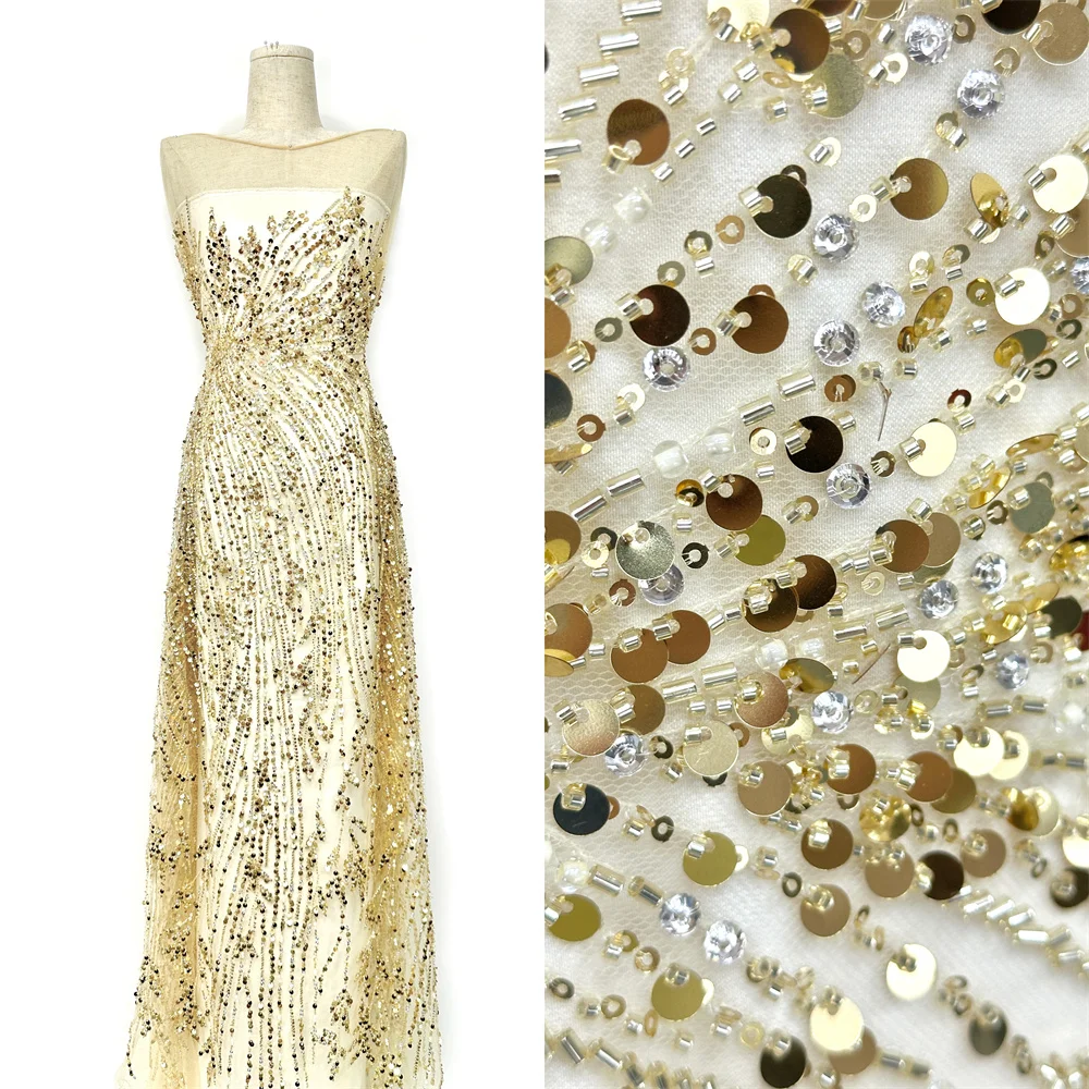 

Exquisite African Embroidered Mesh Beaded lace fabric Sequins Net Handcut Lace Fabrics For Nigerian Wedding 2025 High Quality