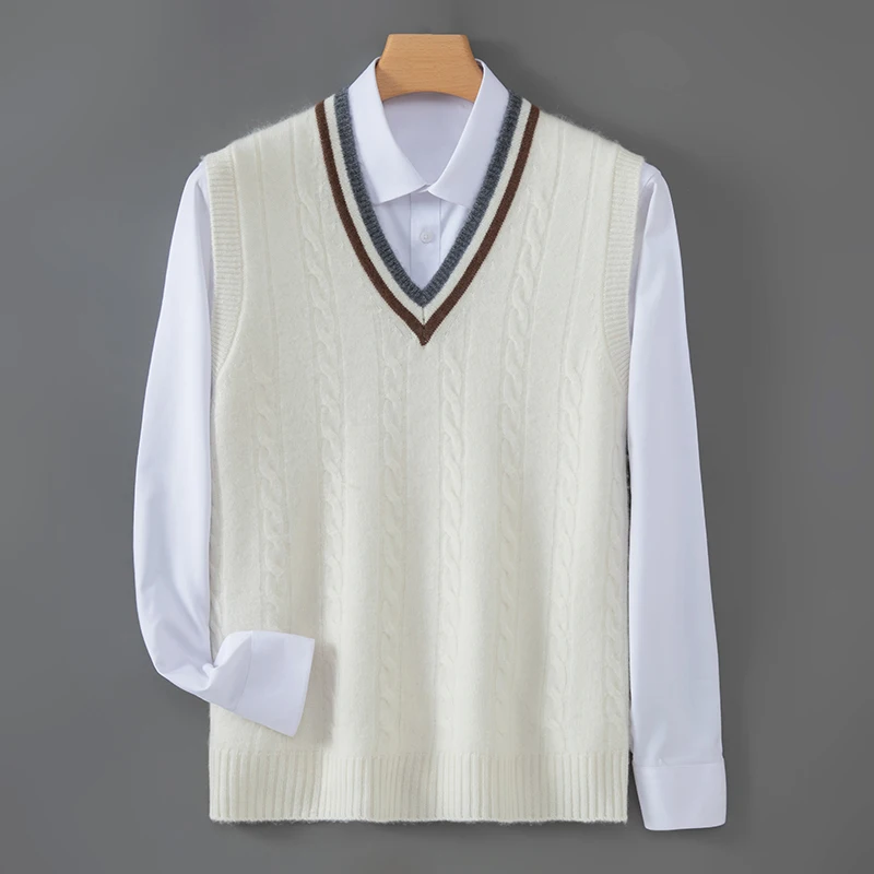 Men's Color Matching Tank Top 100%Australian Wool Knit Waistcoat 2026 V-Neck Thick Sleeveless Sweater Winter Loose Pure Wool Top