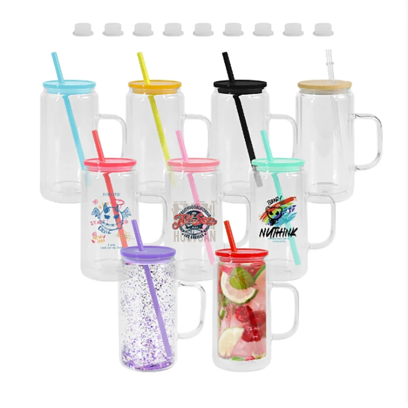 12oz Clear Sublimation Blank Glass Mason Jar Beer Can Glass Cup With Lid Straw Water Bottle Coffee Drink Juice Cup With Handle