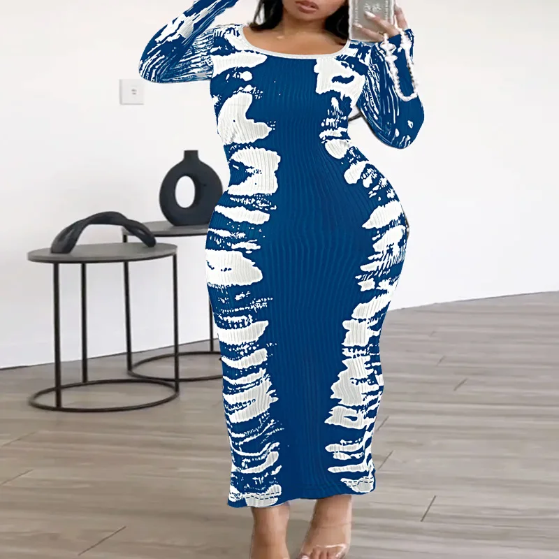 Grande taille femmes Slim manches longues robe mode Sexy dames Pit rayure impression dos fente U cou décontracté Maxi robes XL-5XL 4XL