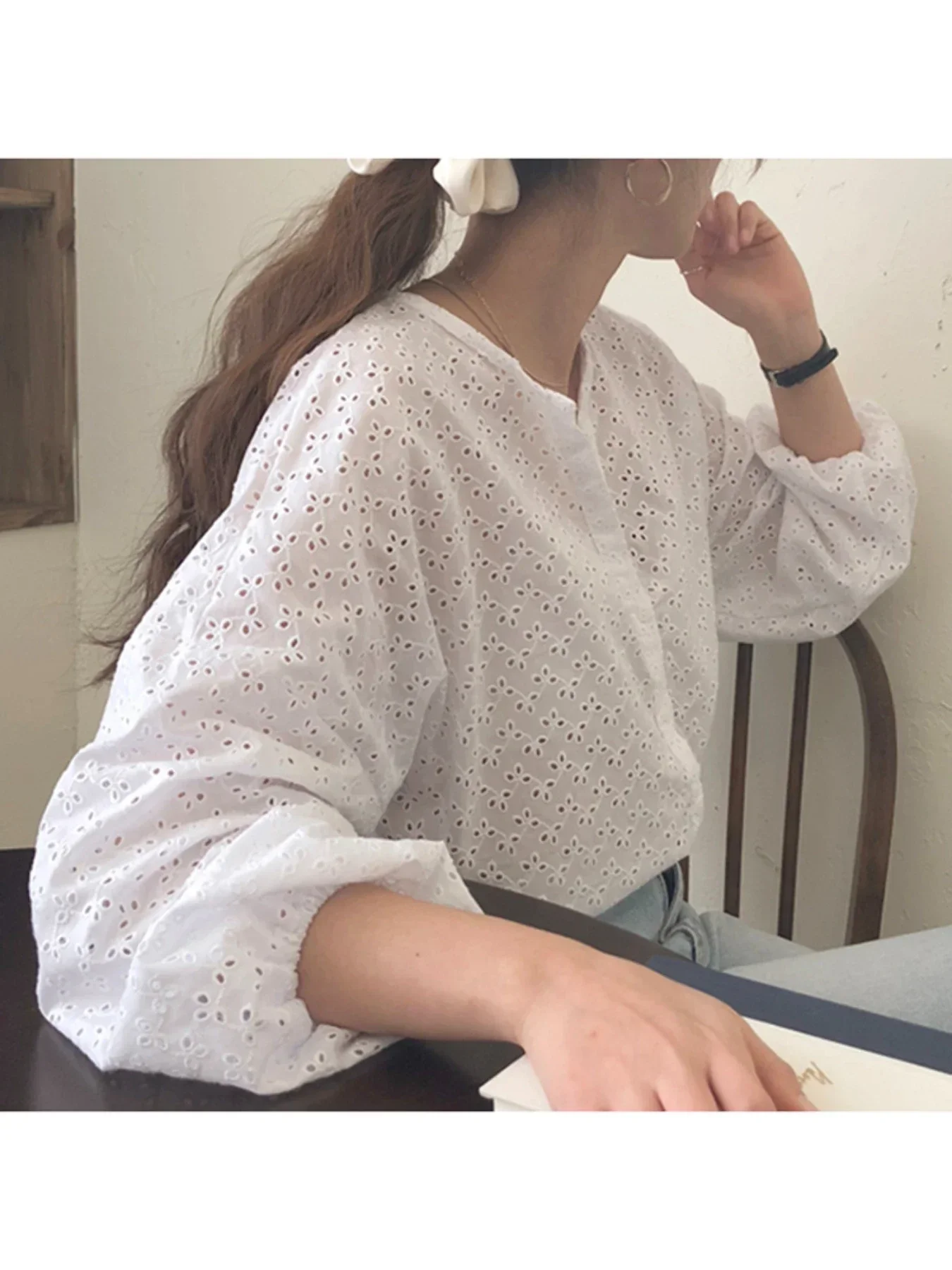 ZANZEA 2025 Herfst Mode Vrouwen Hollow Out Shirts Office Lady Tops Casual Solid Bladerdeeg Mouw Losse Katoenen Oversized Blusa Femme