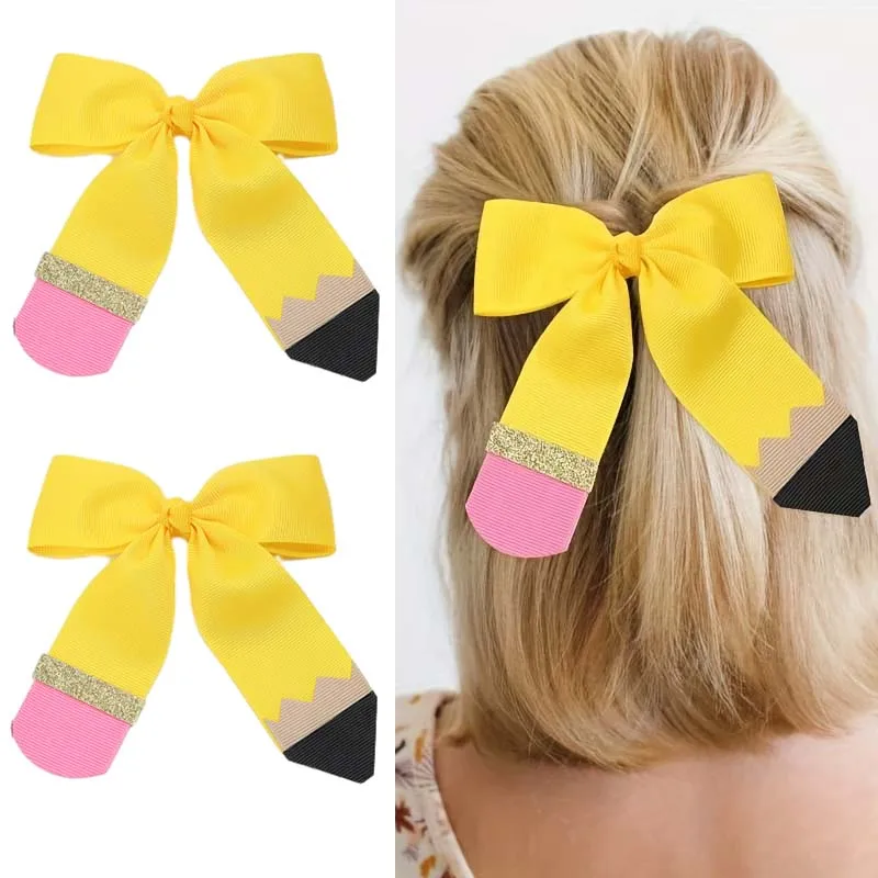 

ncmama Large Pencil Hair Bow Clips for Women Girls Cute Back To School Ribbon Bowknote Hairpin Kids Headwear Hair Accessories