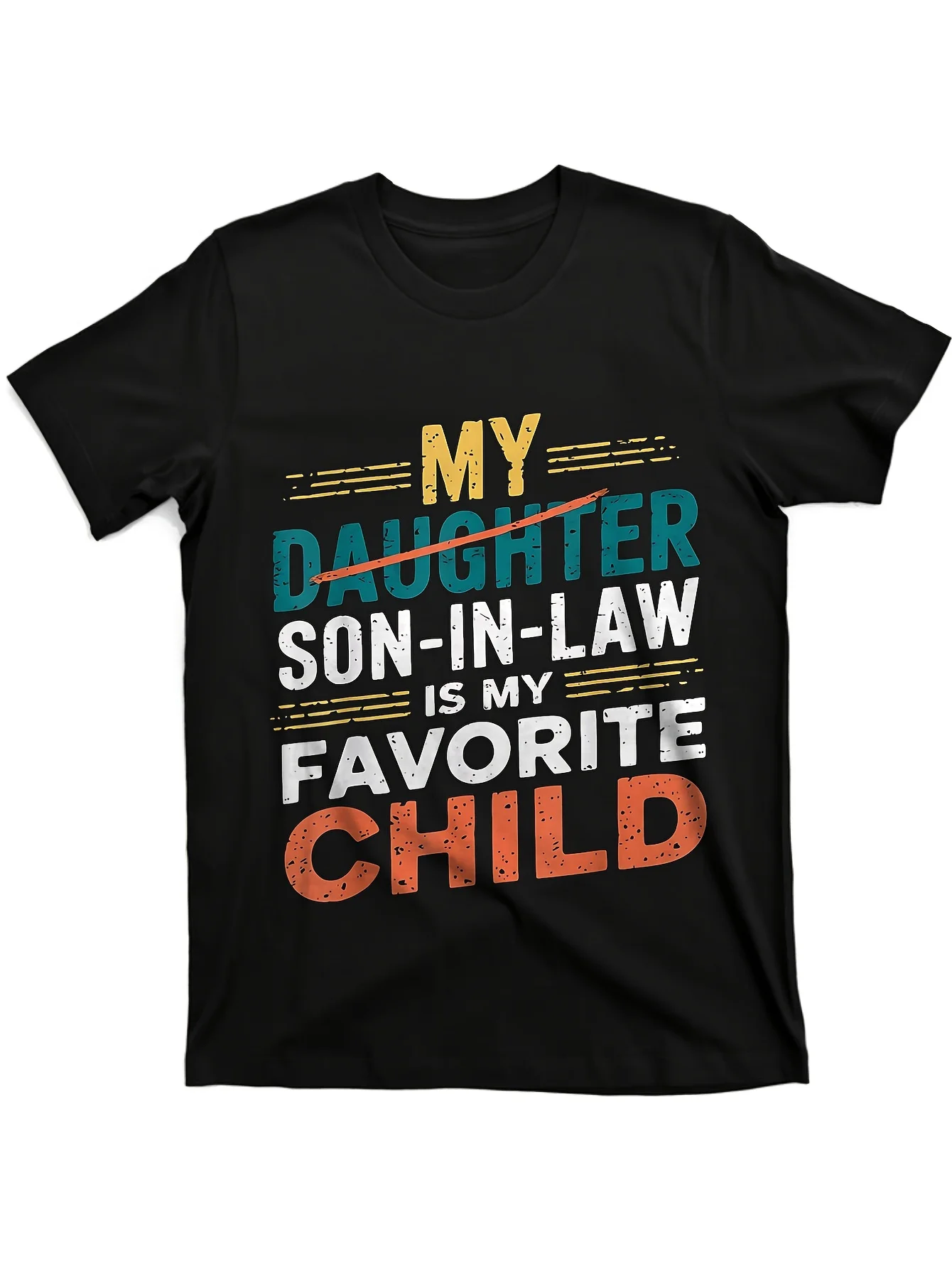 Funny Men's Black Graphic T-Shirt Distressed Family Humor Son-In-Law Favorite Child Bold Letter Print 100% Cotton Heavyweight Short Sleeve Casual Streetwear Tee