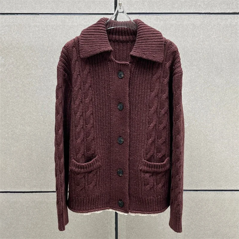 

Кардиган для женщин, новинка зимы 2024, эластичный вязаный топ с лацканами и длинными рукавами, шерстяной женский свитер, кружевной лоскутный трикотаж y2k