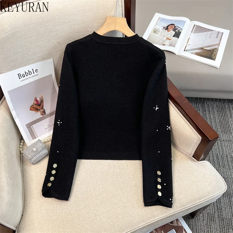 2024 Autumn Winter New Vintage Knitted Cardigan Sweater Women Korean Fashion Black Diamonds Beading Knitwear Tops Female Jumper