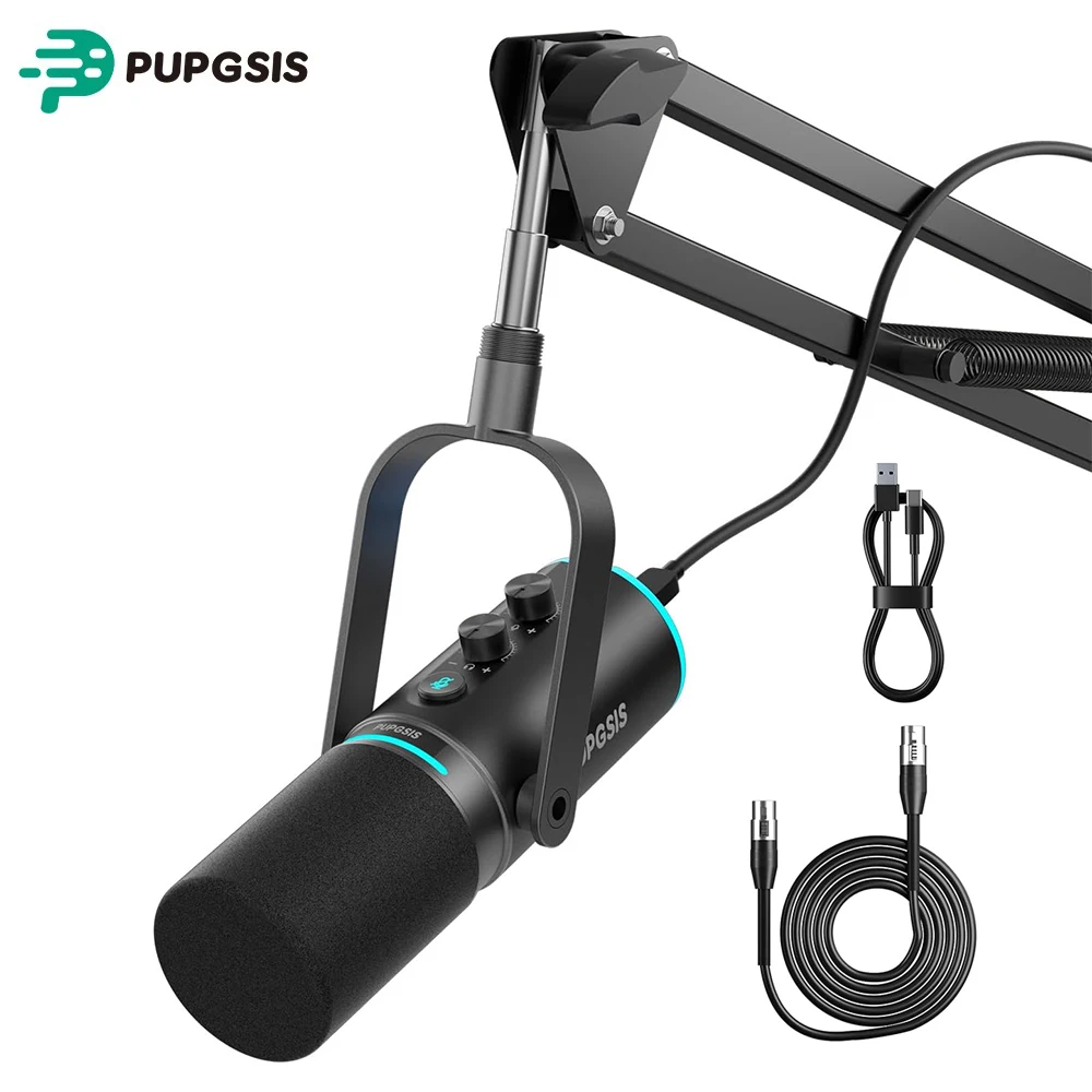 PUPGSIS XLR/USB-Podcast-Mikrofon, Gaming-Mikrofon mit Stummschalttaste, Halleffekten, Geräuschunterdrückung, Galgenarmständer, Kopfhöreranschluss, dynamisches Mikrofon für