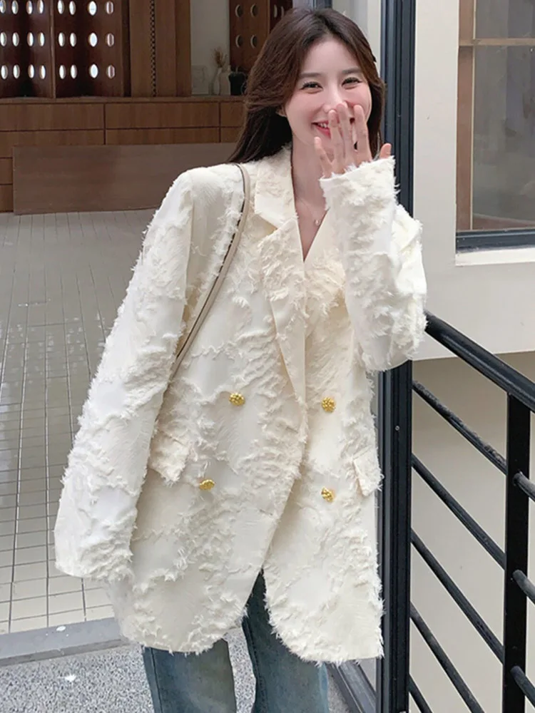 White Suit Jacket for Women Autumn Winter New Double Breasted Lapel Jacket Temperament Fringed Long Sleeved Loose Coat