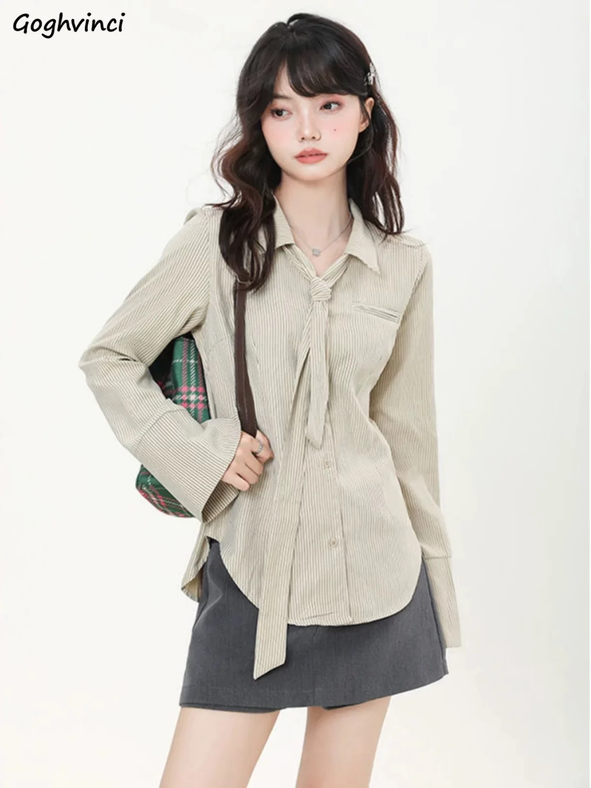 

Стильные женские рубашки на пуговицах, вязаные, весенне-осенние, в полоску, с длинным рукавом, легкие, универсальные, для повседневной носки, офисные, классического кроя, топы