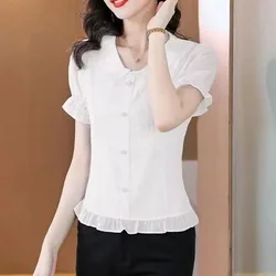 Gaze de botões emendados estilo chinês feminino babados manga curta camisa de chiffon, tops de trajeto, blusas de gola quadrada, nova, verão 2022