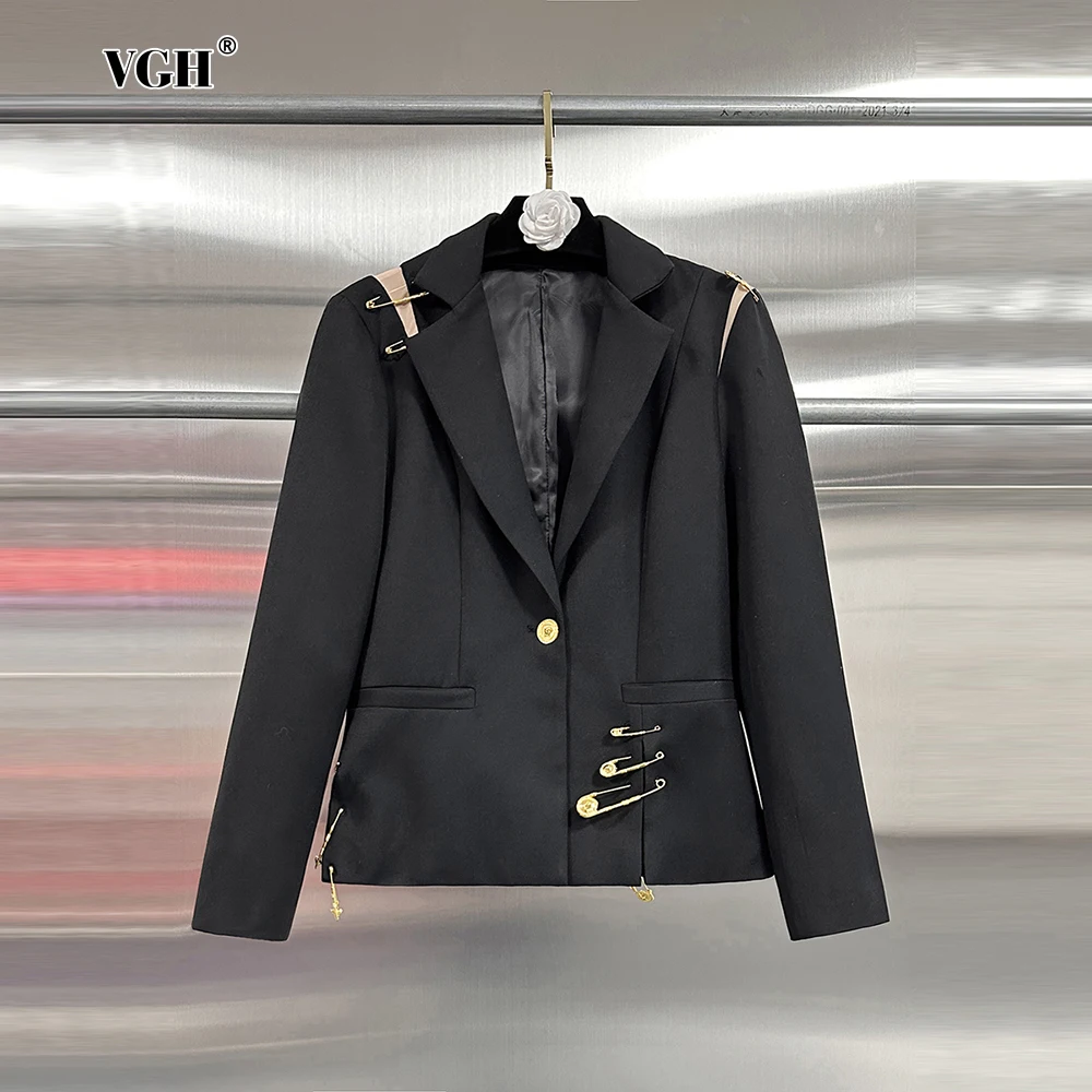 

VGH Formal High Quality Spliced Metal Buckle Blazers For Women Notched Collar Long Sleeve Patchwork Mesh Split Hem Coats Female