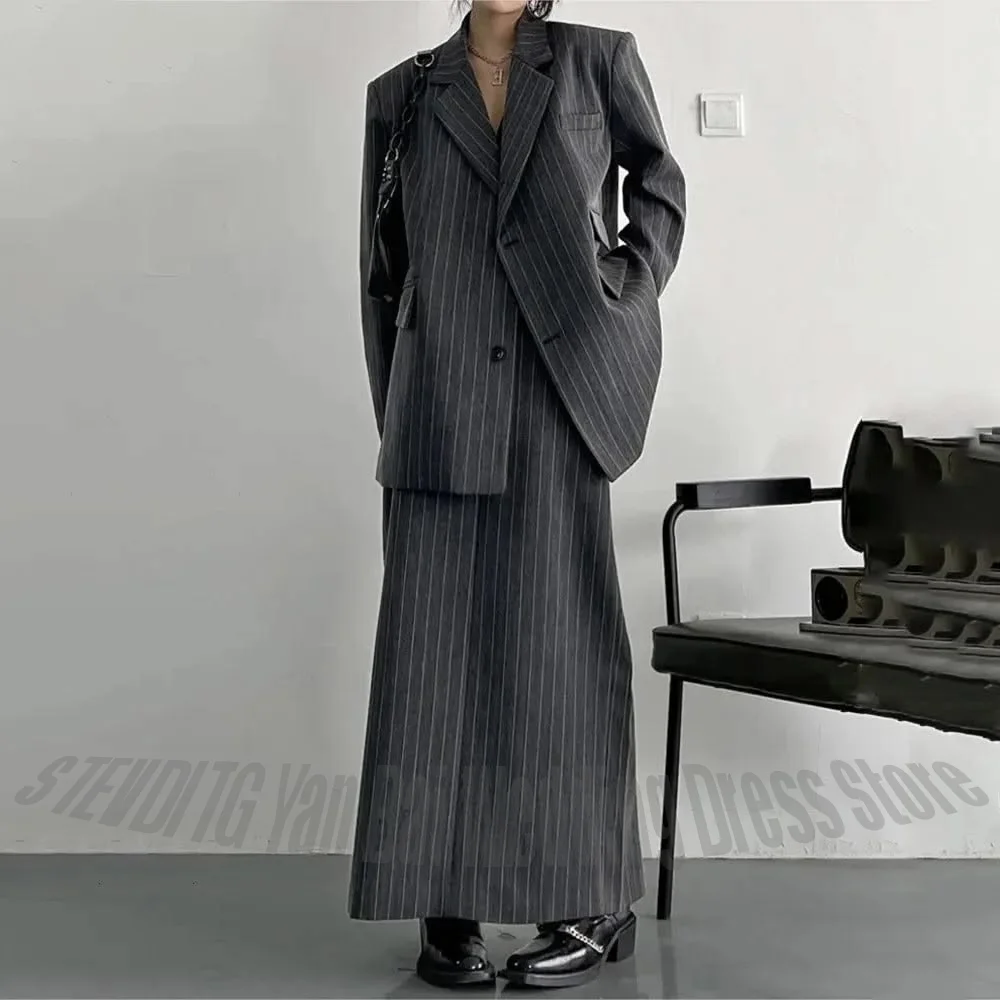 Grey Stripe Women's Suit Blazer Maxi Skirt Two Piece Notched Lapel Loose Casual Jacket Pants Office Fashion Trendy Daily Outfit