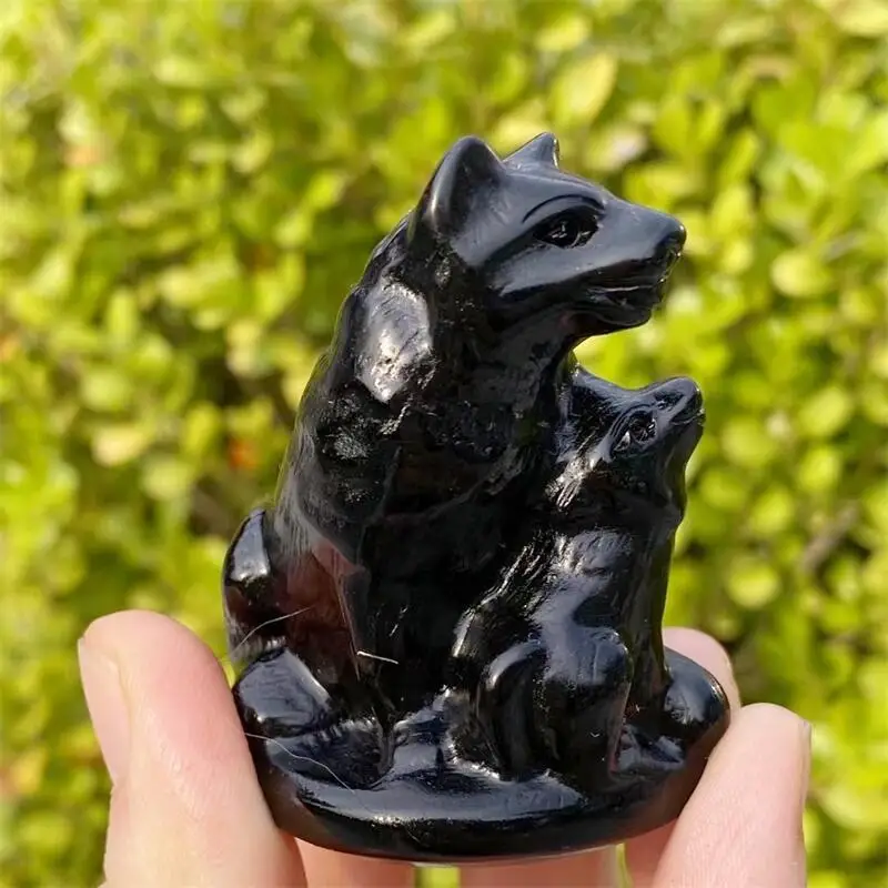 Natural Black Obsidian Mother And Son Wolf Carving Animal Figurine Healing Energy Gemstone Crystal Crafts For Christmas Gift