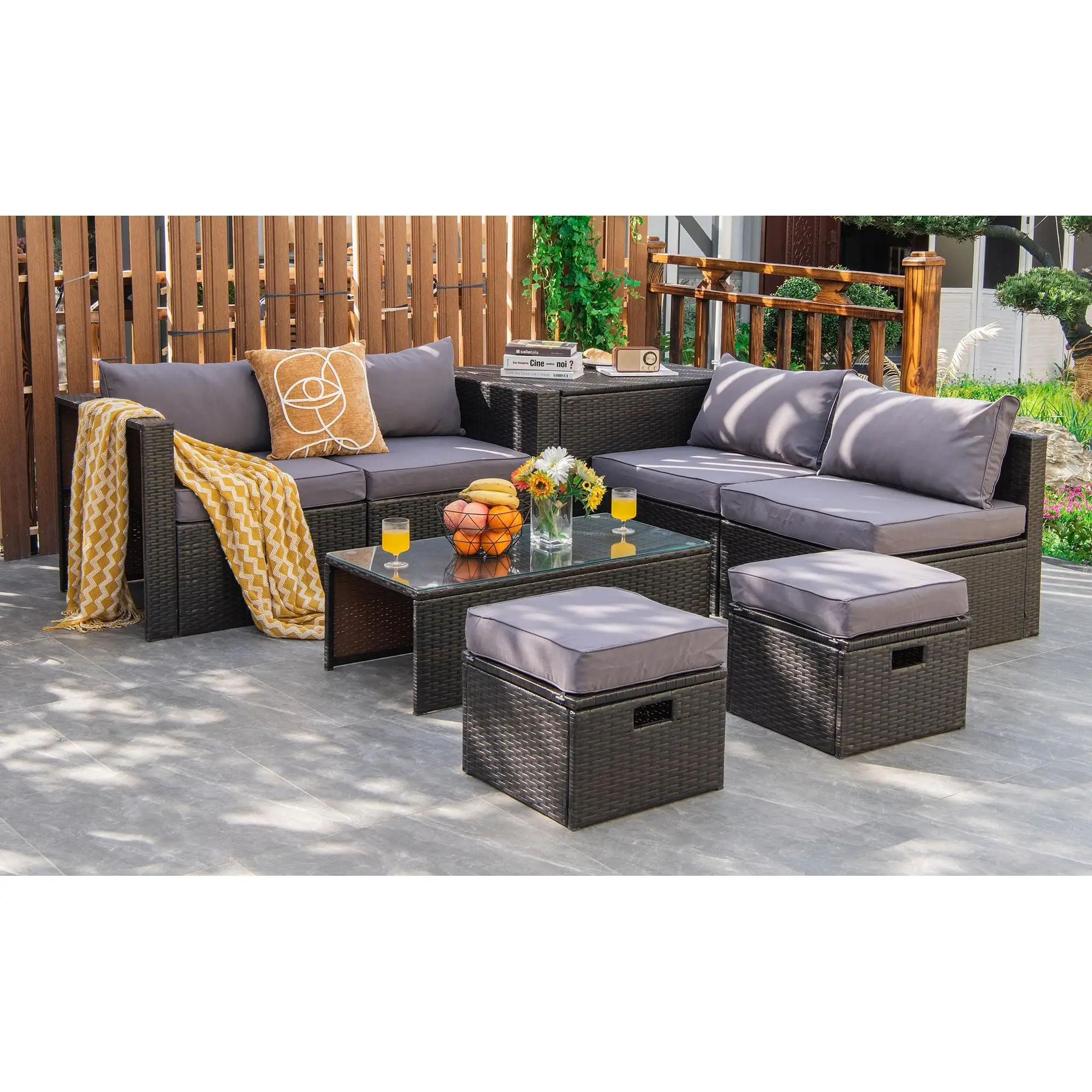 

8PCS Patio Rattan Furniture Set Space-Saving Storage Cushion Grey cover