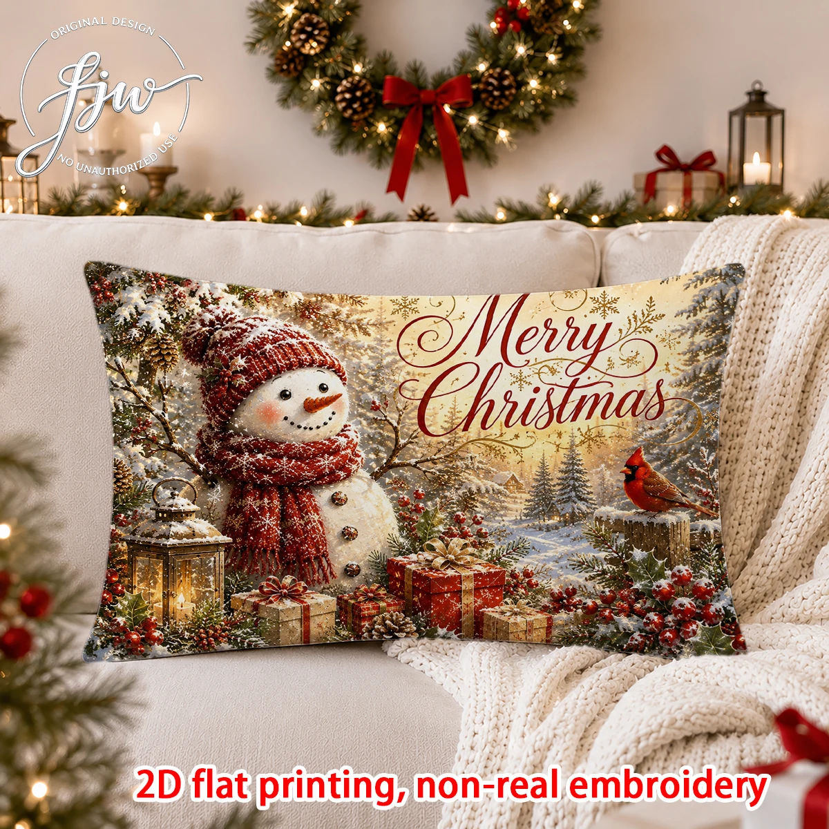 1PC Christmas Pillow Cover, Winter Snowman Cardinal Festive Cushion Case for Sofa Couch Bed Holiday Decor