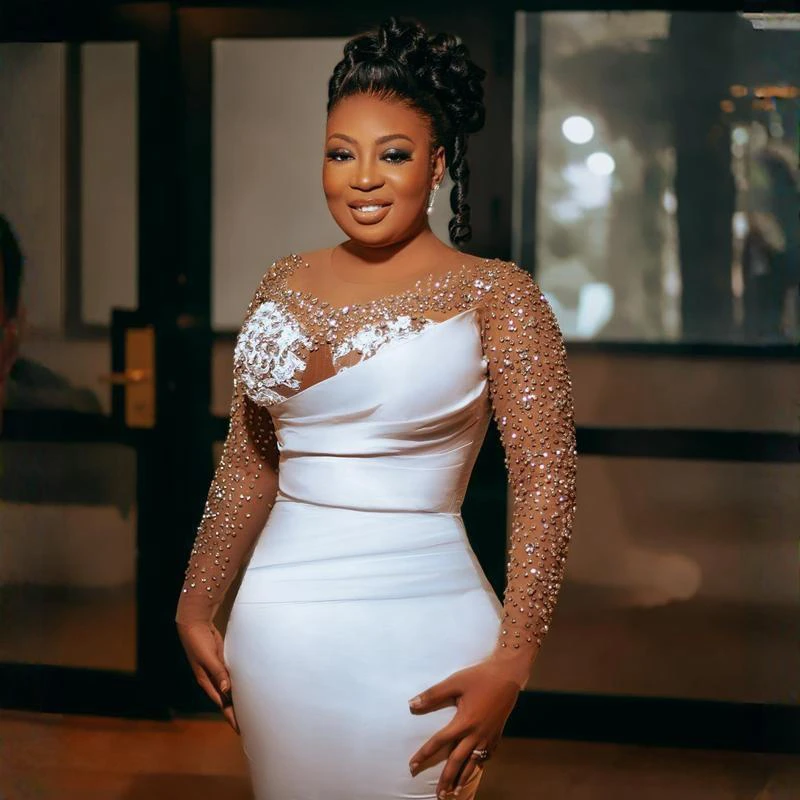 Customized Aso Ebi Plus Size Trumpet Wedding Gowns For Bride Shinny Beads Long Sleeves Garden Bridal Gown With Detachable Train