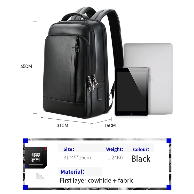 BOPAI 100% Genuine Leather Backpack Laptop Men Business Casual Waterproof Backpack Male Black Cowhide Computer Backpack 15.6inch