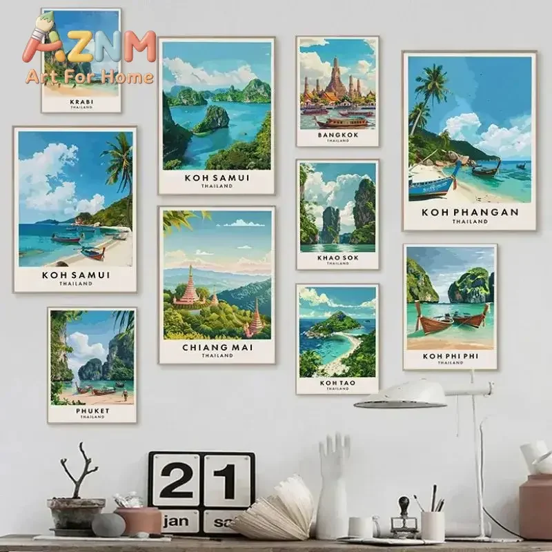 Thailand Travel Art Phuket Chiang Mai Koh Phangan Bangkok City Landscape Poster Asia Scenery Canvas Art Wall Home Decor