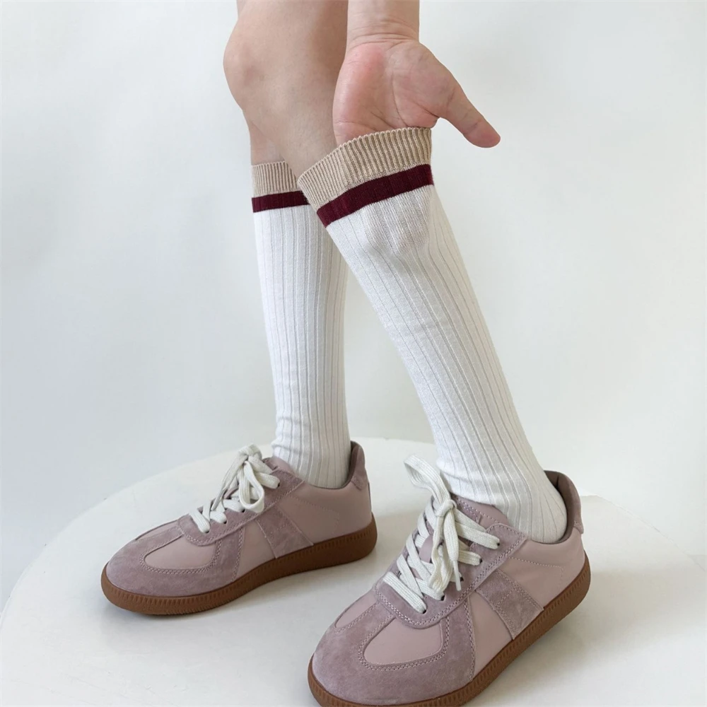 Women Spring Autumn Striped Calf Sock Trendy Half Cut Knee-length Socks Japanese College Style JK Thigh High Over Knee Stocking
