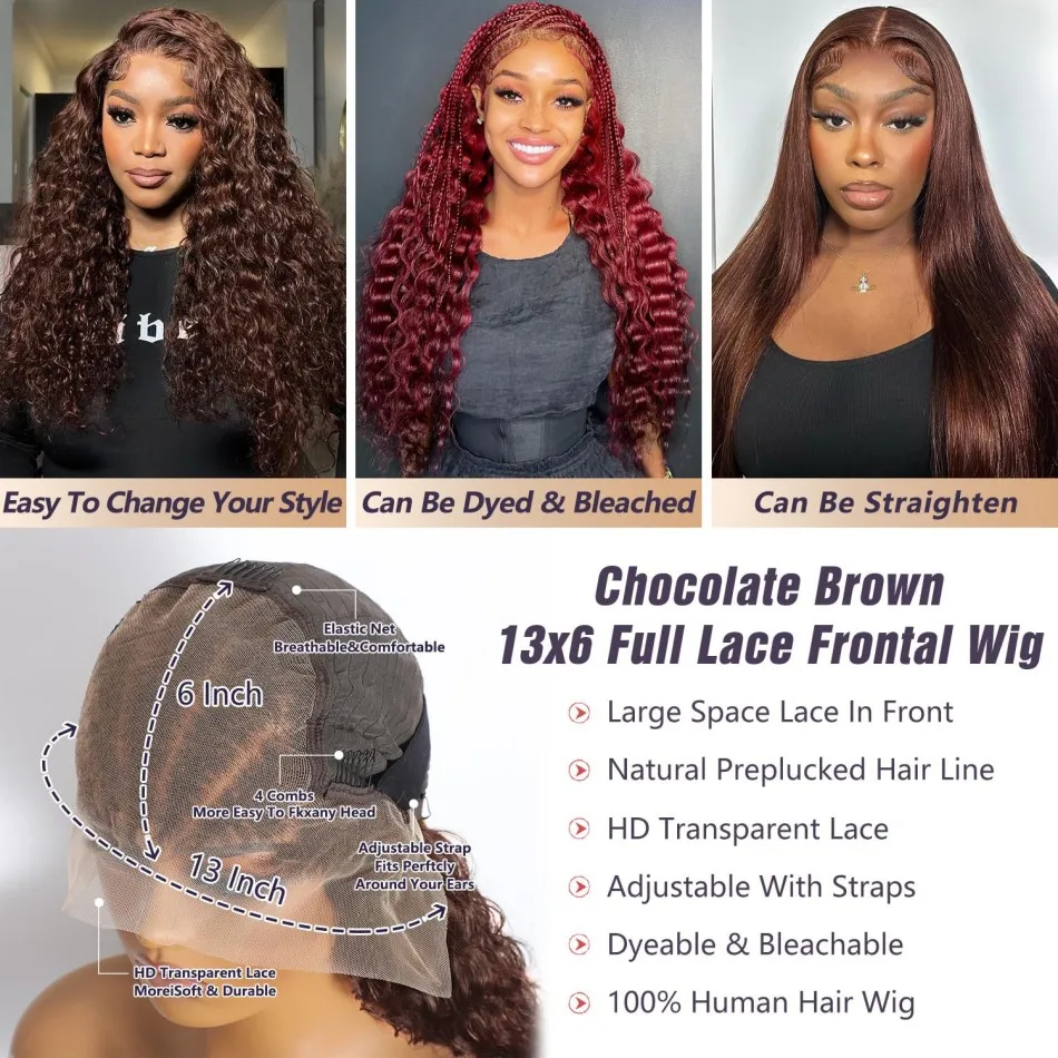 الشوكولاته البني 13X6 Hd الدانتيل الباروكة الأمامية 250 الكثافة موجة عميقة باروكة من شعر طبيعي 100% الملونة قبل قطعها الباروكات البرازيلي للنساء