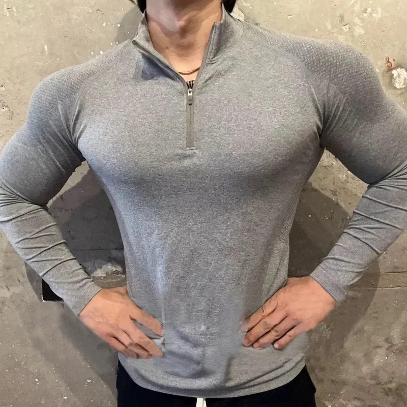 2026 New Men Seamless Jacquard Long Sleeve T Shirt Zipper Design Slim Fit Quick Dry Workout Tops Gym Fitness Training Tee