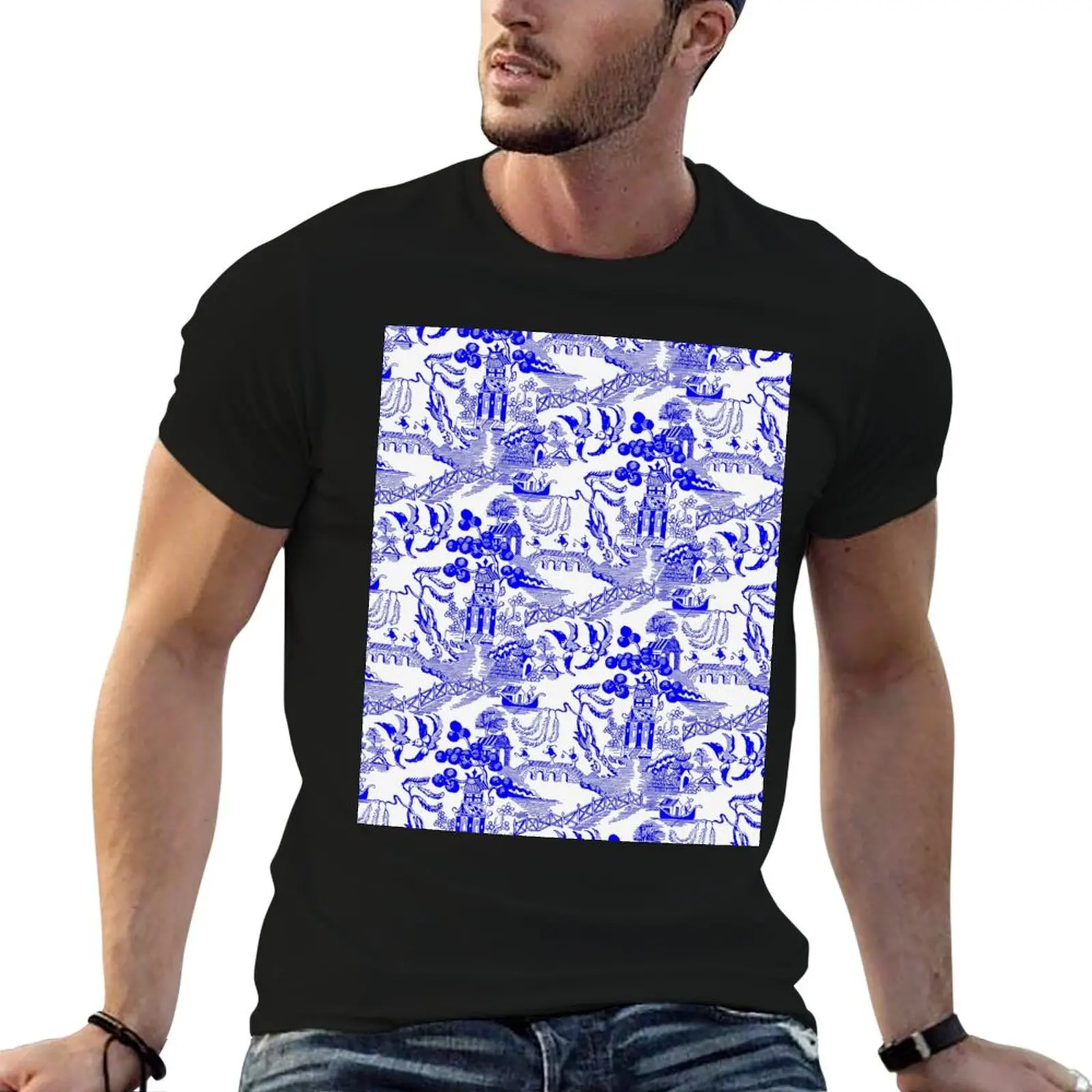 

Blue Willow Chinoiserie T-Shirt cotton tshirt 100% t shirts designer anime tshirt T-shirt