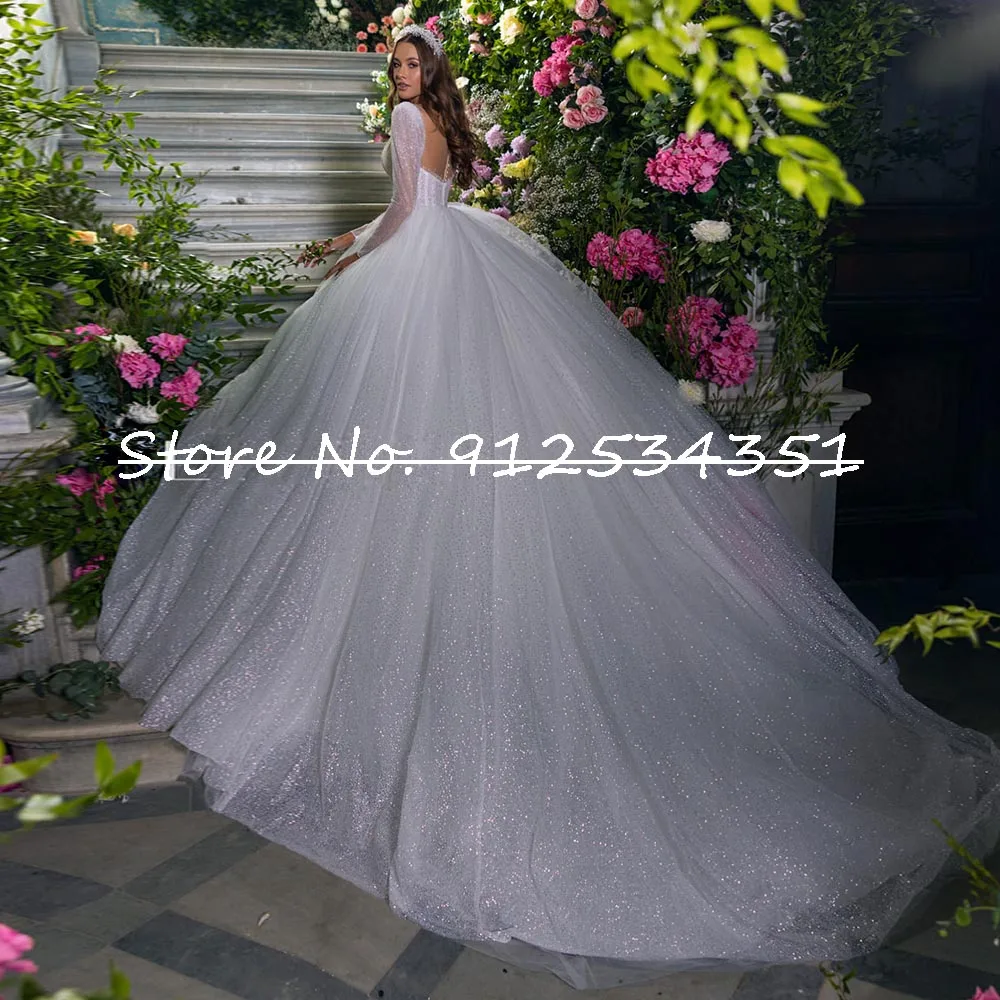 Customized Trouwjurk See Through Bodice Wedding Dresses Long Sleeve Shining Robe Mariage O-Neck Vestidos De Novia Bridal Gowns