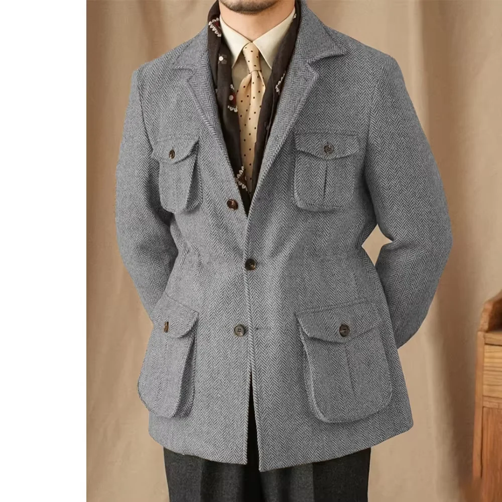 سترة تويد متعرجة كلاسيكية للرجال لعام 2025 مزيج الصوف البريطاني مزدوجة الصدر خفيفة الوزن معطف رياضي غير رسمي سترة رسمية