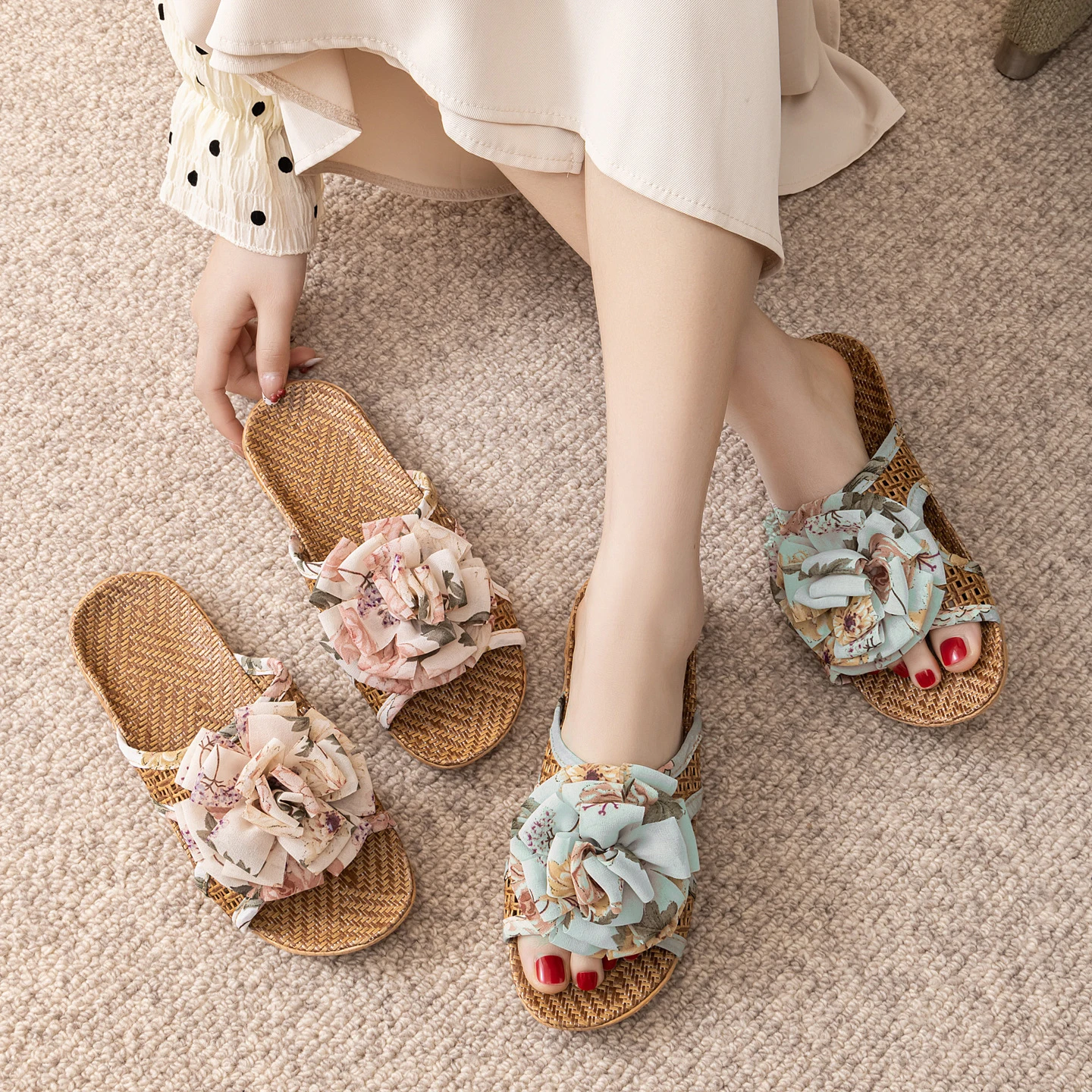 

New Summer Home Cooling Slippers with Bowknot, Indoor Cool Rattan Grass Shoes, Non-Slip