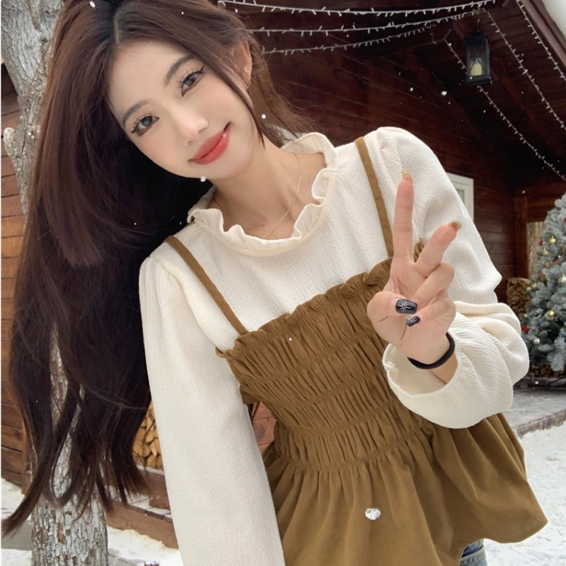 Corduroy Fake Two-piece T-shirt Women Autumn New Arrival Korean Fashion Long Sleeve Slim Tops Casual Versatile Thin Tops Female
