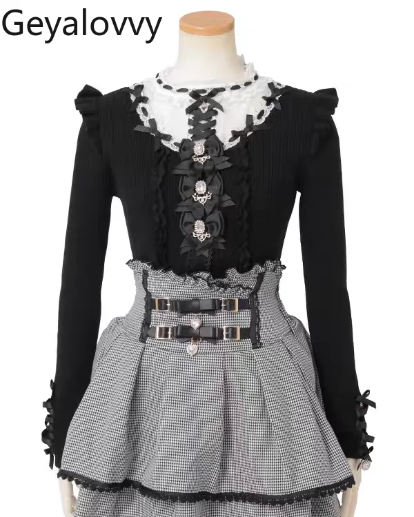 Lolita Japanese Style Versatile Long Sleeve Pullover Sweater Mass-Produced New Sweet Cute Lolita Lace Patchwork Knitted Shirt