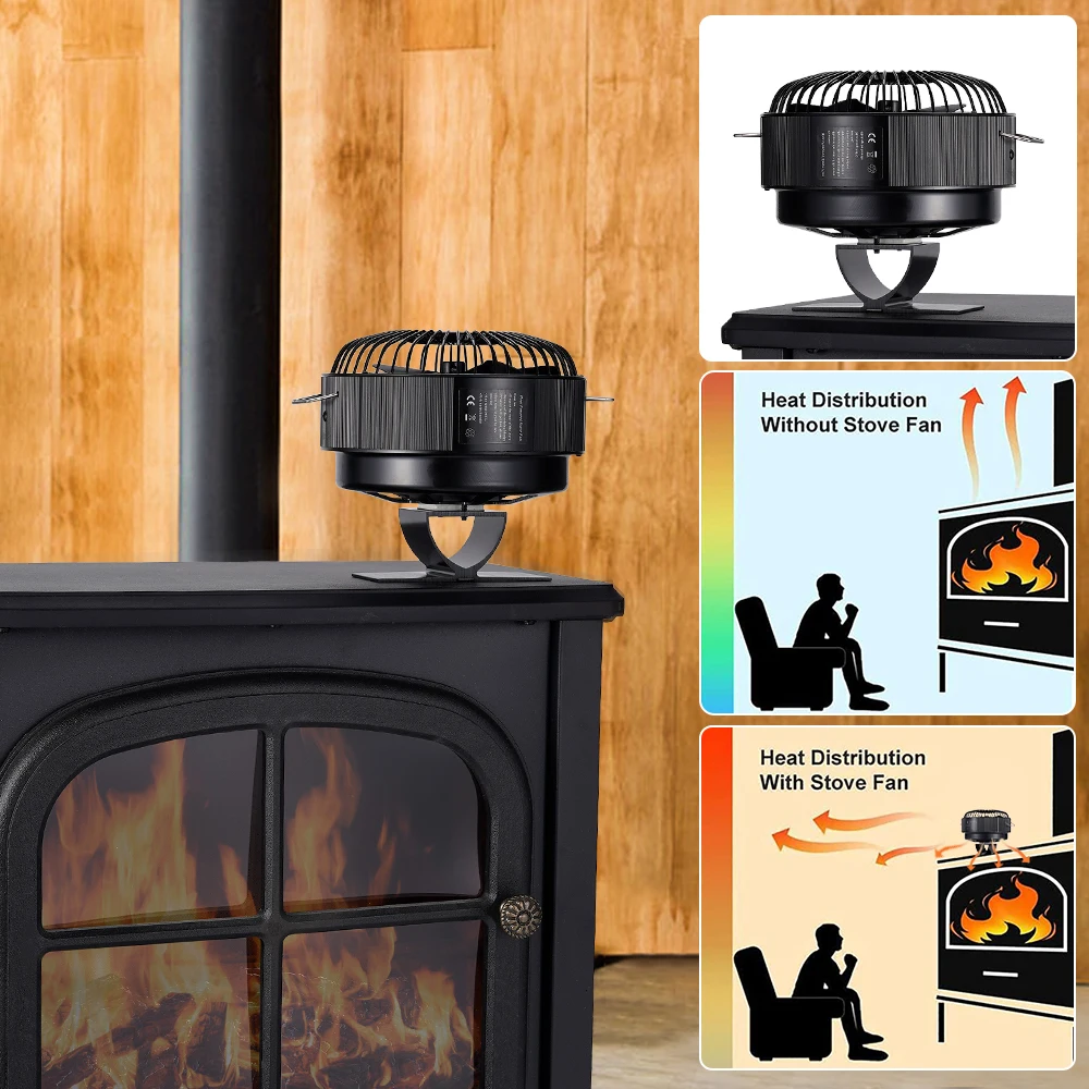 5 Blade Black Stove Fan Heat Powered Fireplace Fan Log Wood Burner Eco Quiet Free-standing Home Warm Efficient Heat Distribution