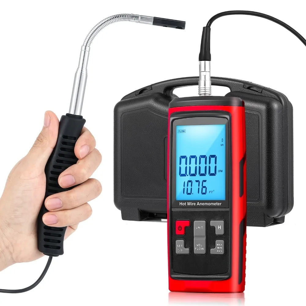 High quality Anemometer Handheld Hot Wire Air Flow Velocity Meter CFM Wind Speed Gauges w/Data Output Software Telescopic Probe
