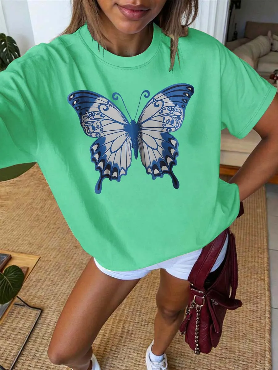 Künstlerisches Schmetterlingsgrafik-Elegantes, stilvolles, vielseitiges Sommer-Kurzarm-T-Shirt in Übergröße