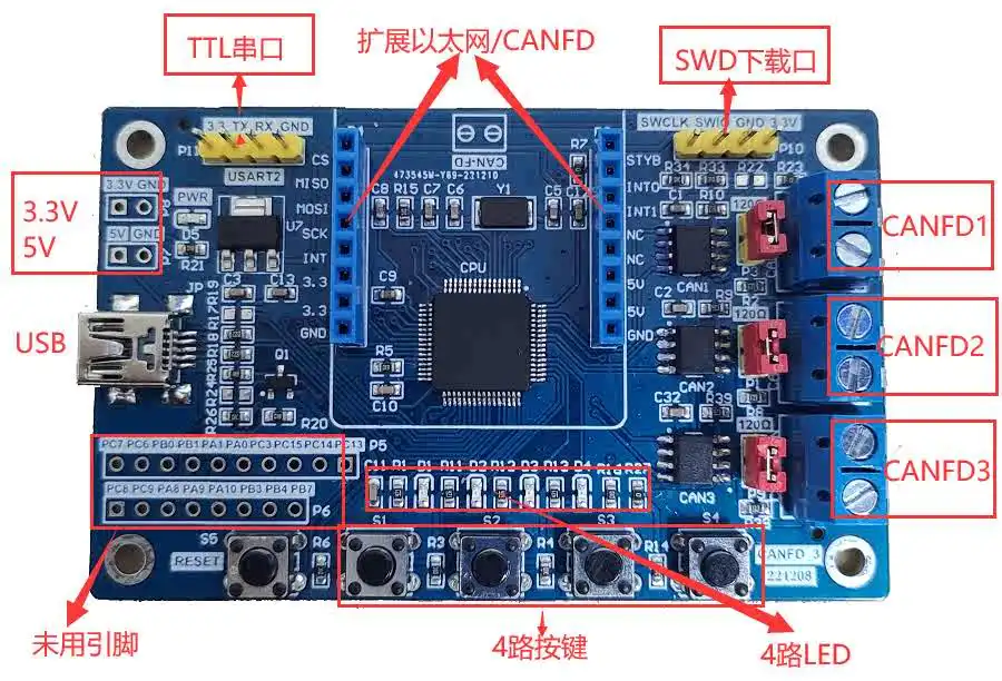 

Трехканальная плата разработки Canfd с расширяемым 4-канальным интерфейсом USB TTL SPI GD32E508R