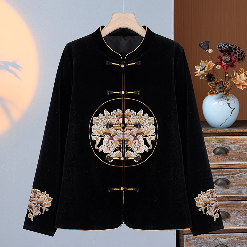 Women Retro Floral Coat 2025 Spring Elegant Stand Collar Gold Velvet Cardigan Female Chinese Traditional Embroidery Outwear