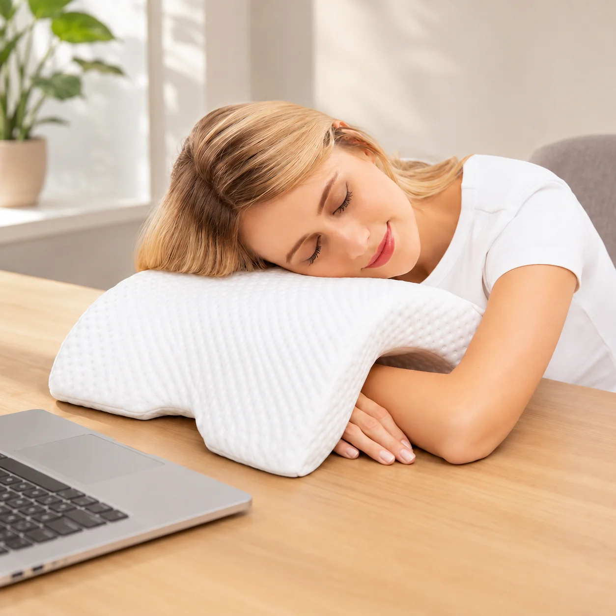 Ergonomic Nap Pillow with Arm Slot, Curved Neck Support Pillow for Desk Sleeping Side Sleep Sofa Office Lunch Break
