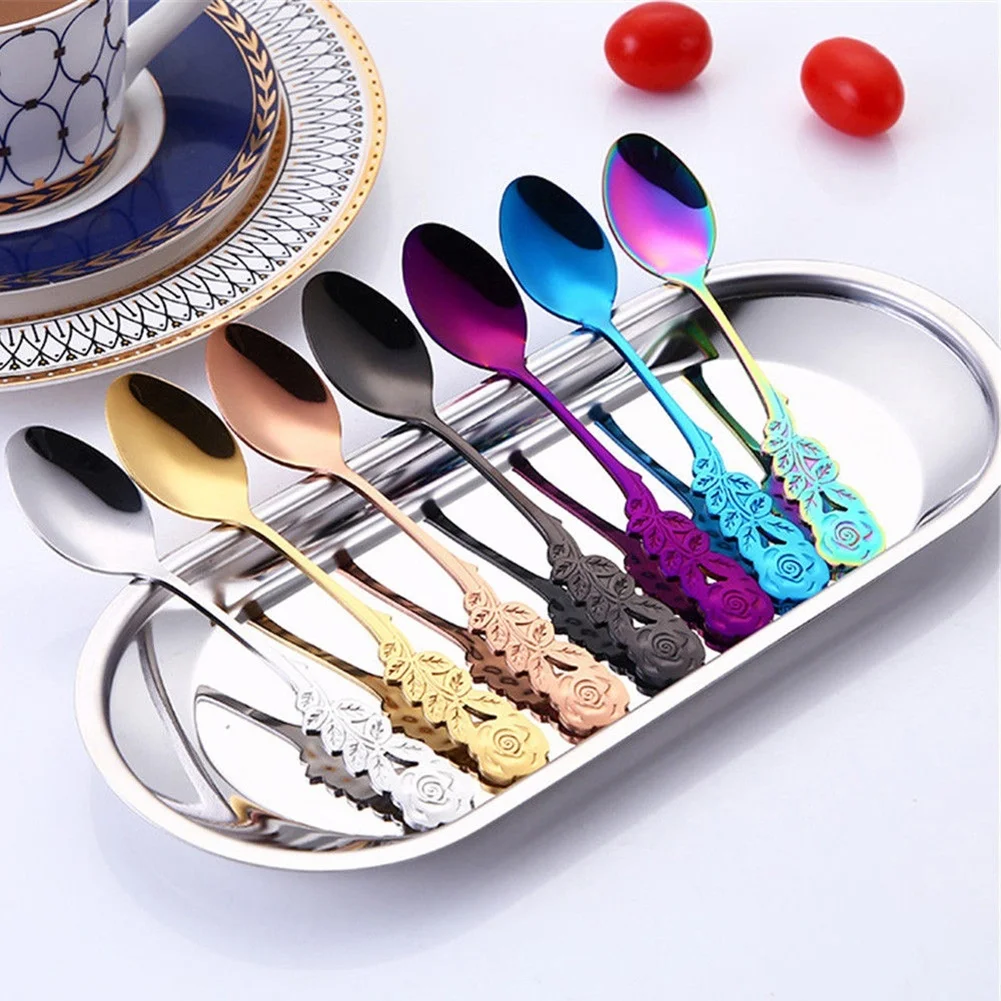 1 Pc Stainless Steel Rose Spoon Flower Handle Coffee Tea Small Stirring Ice Cream Dessert Spoon