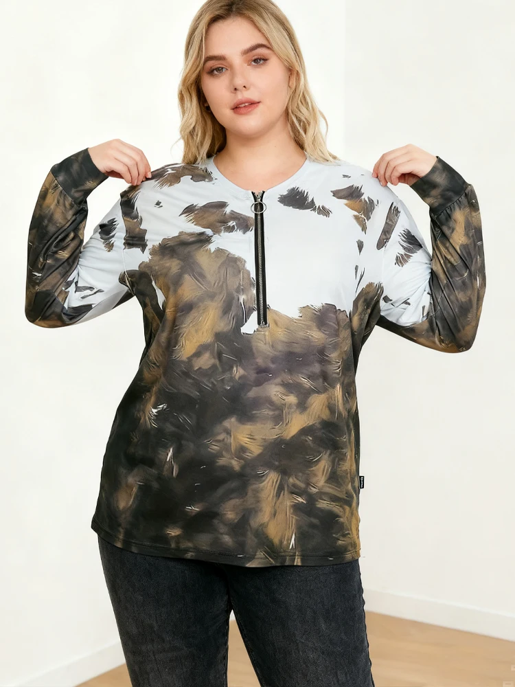 التخليص حجم كبير مطبوعة طويلة الأكمام البلوز نصف البريدي الجولة الرقبة قميص بولو حجم كبير بلايز المرأة للبيع تي شيرت غير رسمي #4