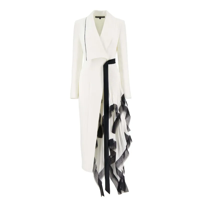 

BJTZ Design Sense Niche Dress 2025 Asymmetric Pleated Loose Mouth Ruffle Edge Patchwork Long Suit Jacket For Women's In Spring