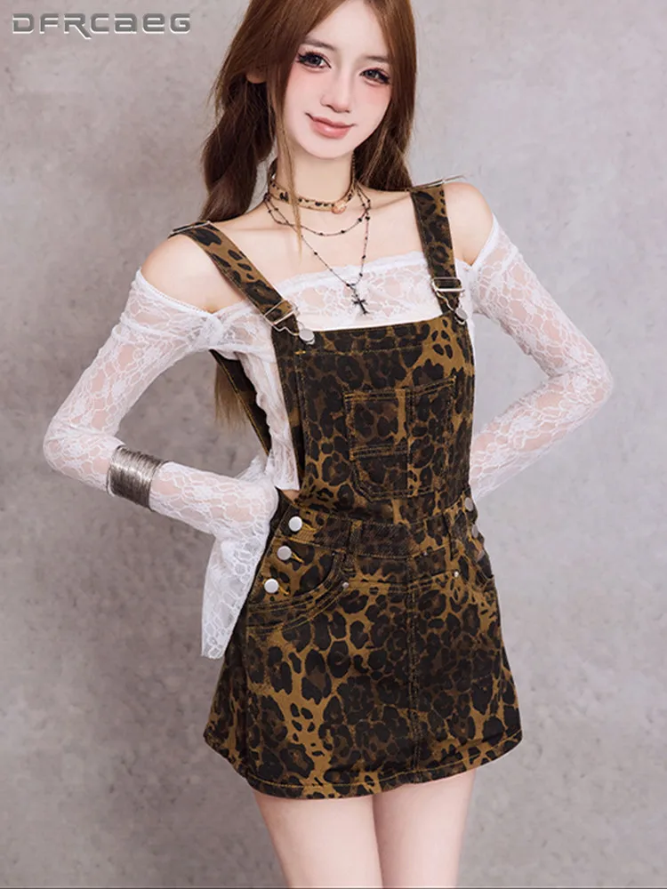 

Джинсовые комбинезоны с леопардовым принтом в американском стиле ретро для женщин, уличная одежда с высокой талией, винтажные джинсы, короткая юбка на подтяжках, женская