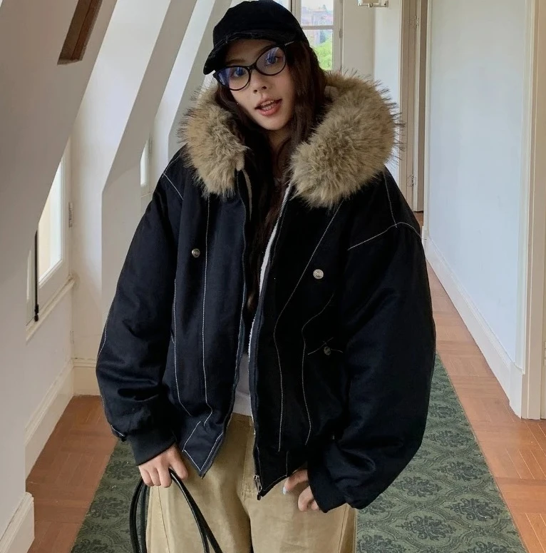 Manteaux pour femmes, Streetwear, col en fourrure, Parkas à capuche, Y2k, Harajuku, vestes épaisses rembourrées, décontractées, fermeture éclair, gothique
