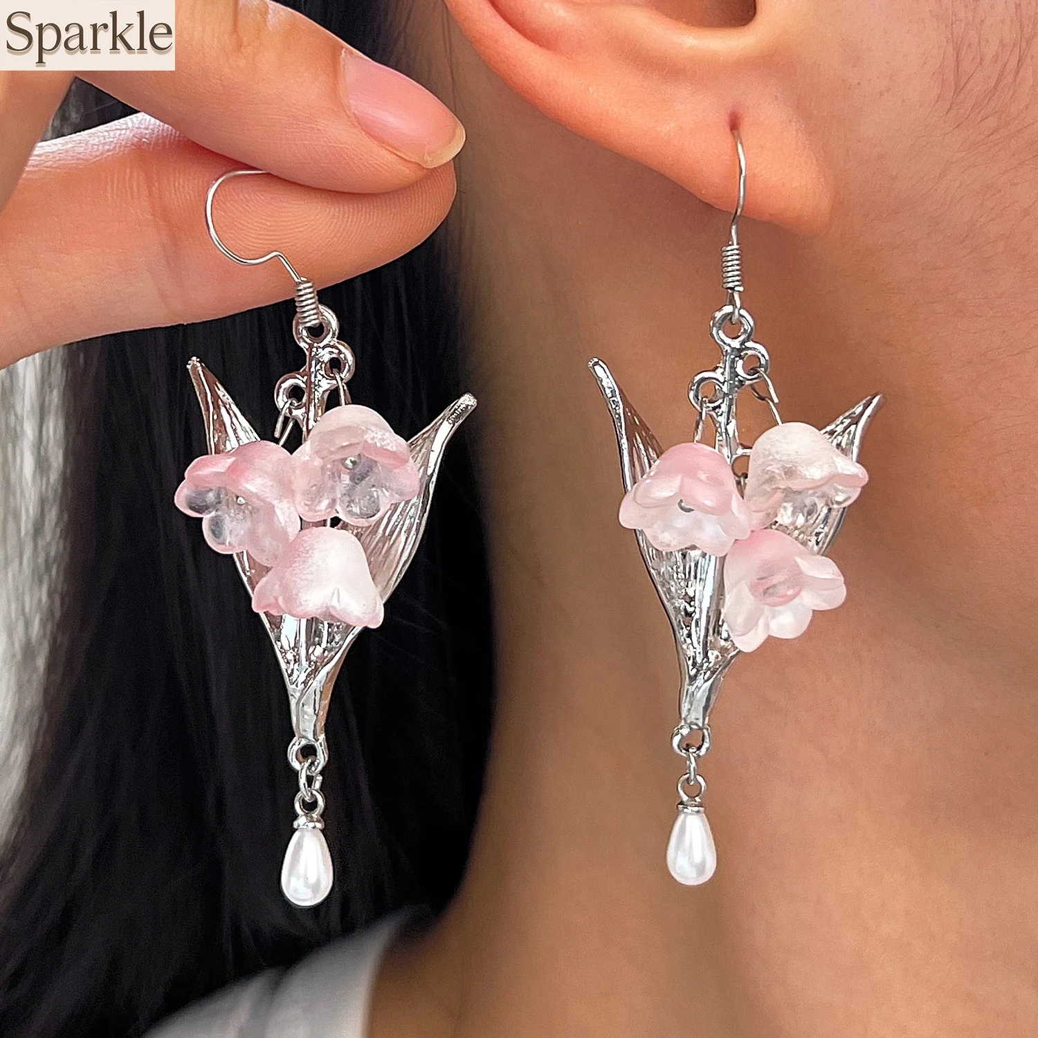 Romantic Frosted Pink Lily of the Valley Imitation Pearl Drop Earrings Floral Dangle Jewelry for Women