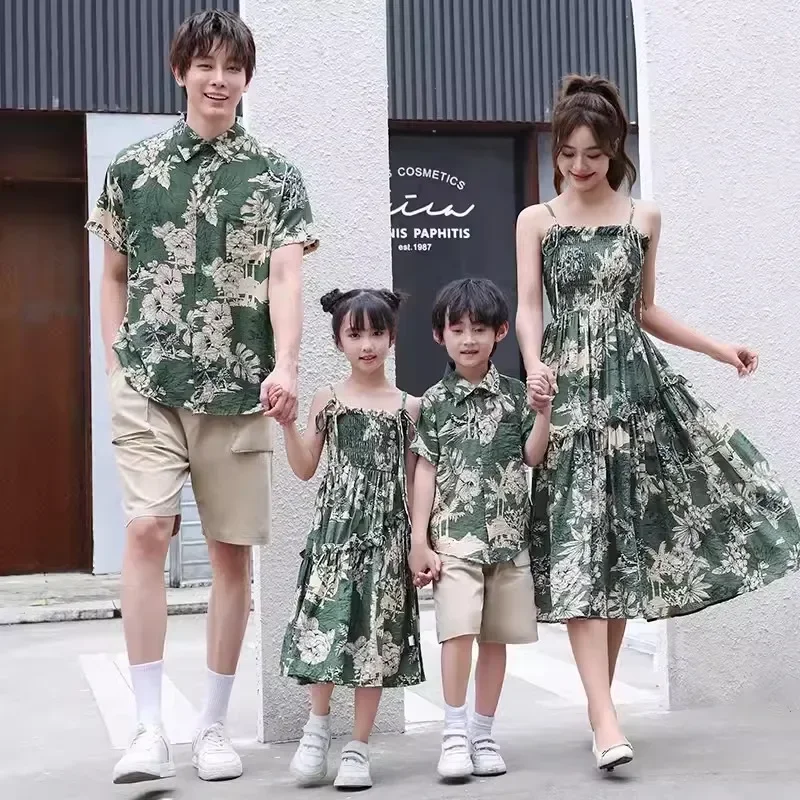 Resort Dad Son Print Shirts Outfits Holiday Family Matching Beach Clothes Couple Vacation Look Mom Daughter Smock Green Dress